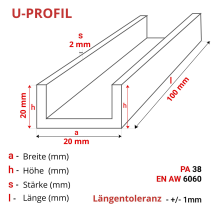 Aluminium U-Profil 20x20x20x2mm
