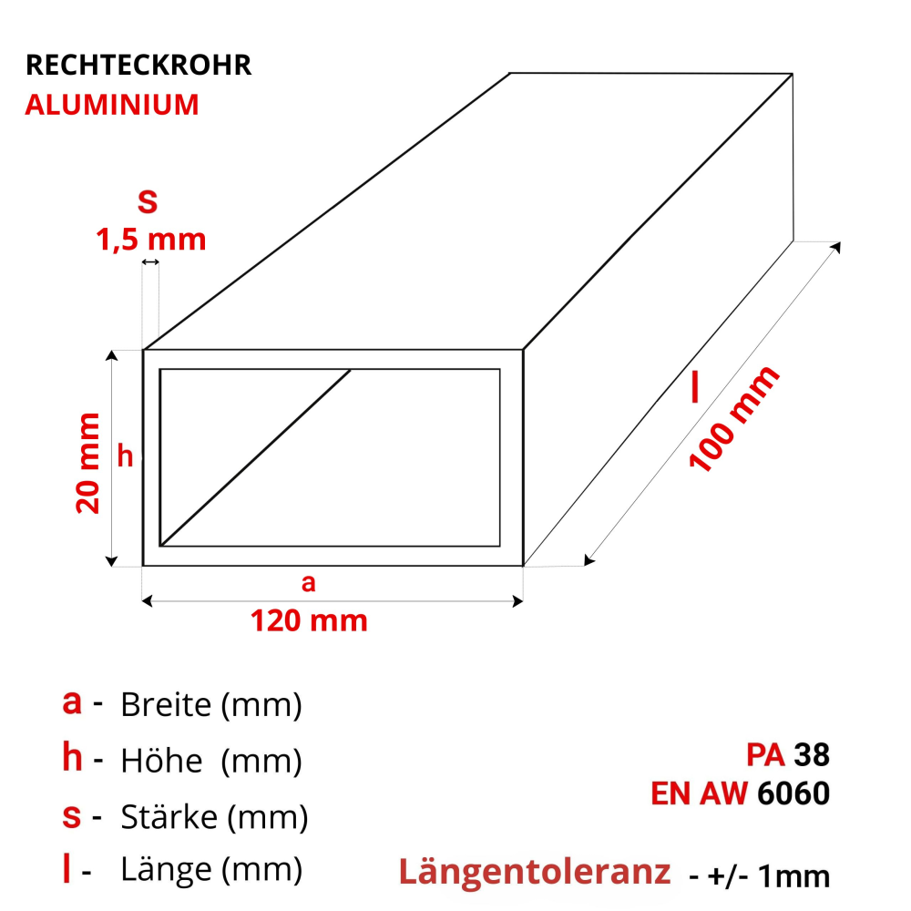 Aluminium Rechteckrohr [100 x 20 x 2 mm Länge: 2.000 mm